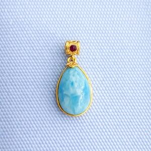 Natural Larimar & Ruby Teardrop Pendant – 18K Gold Vermeil over Sterling Silver